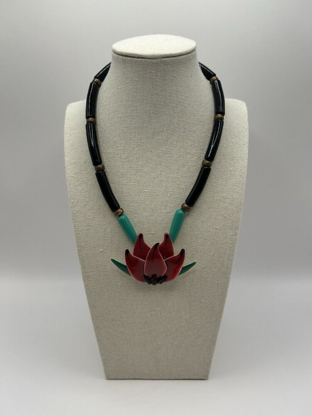 Lotus Flower Necklace Enamel Metal Pendant Tube Beaded Vintage Floral Retro 17” - Picture 3 of 16